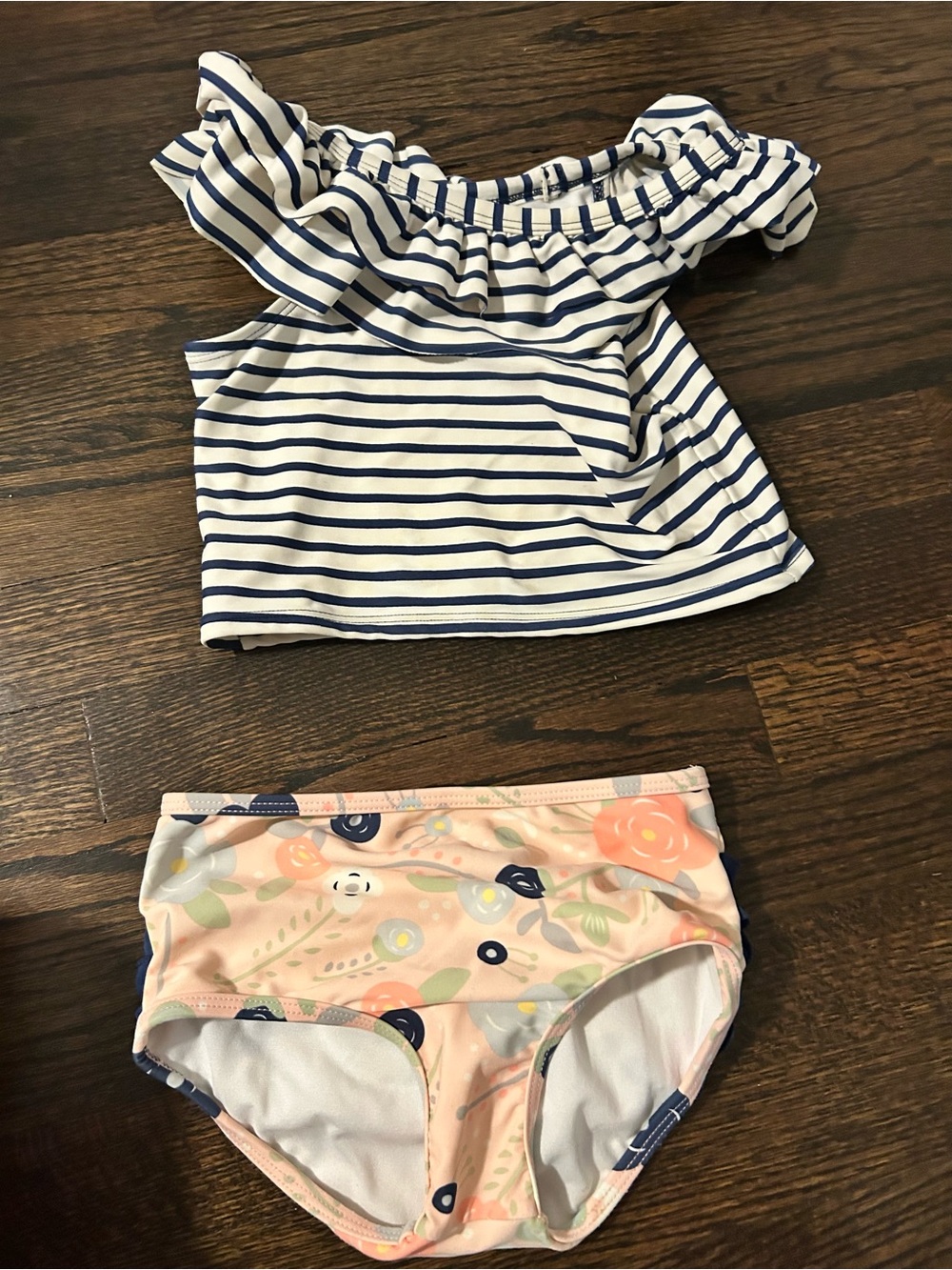 Ruffle Butts!! Girls Two-Piece Ruffle Off-Shoulder Swim Set - Navy & Light Pink